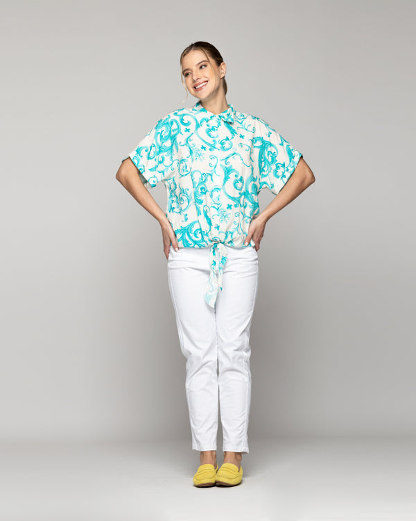 Blusa Mujer Brunilda Con Amarra y Estampado Verde Turquesa Lineatre