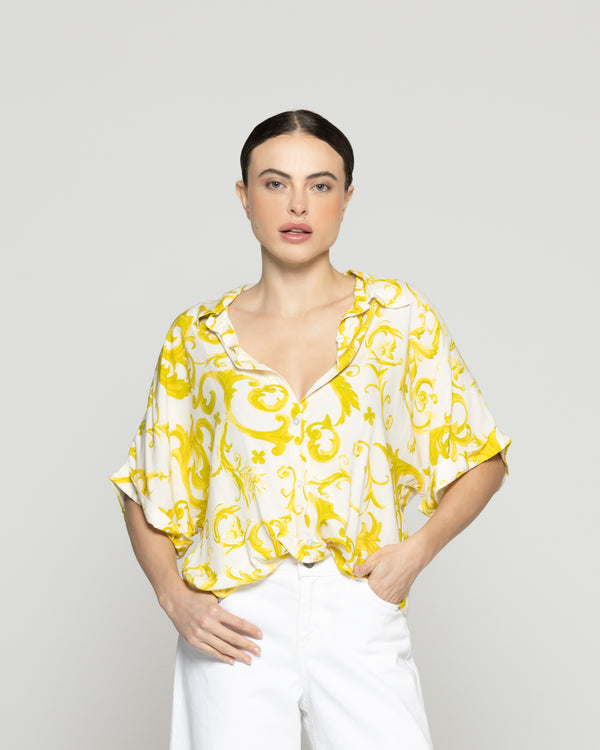 Blusa Mujer Brunilda Con Amarra y Estampado Amarilla Lineatre