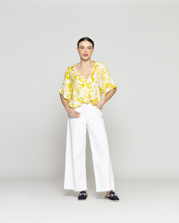 Blusa Mujer Brunilda Con Amarra y Estampado Amarilla Lineatre