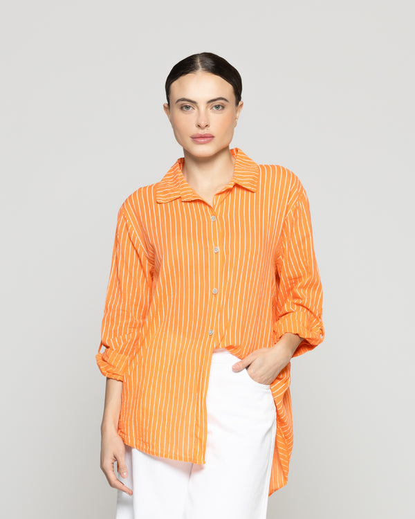 Blusa Mujer Betsabe de Algodón Manga Larga Con Rayas Naranja Lineatre