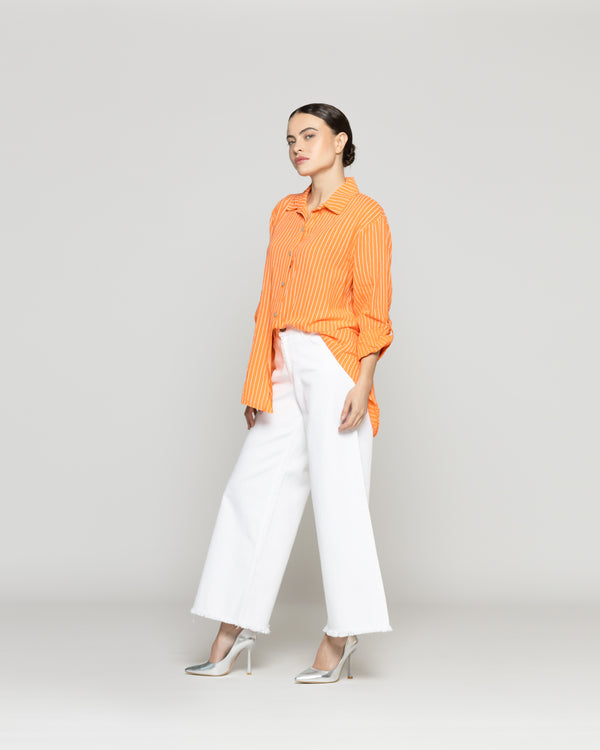 Blusa Mujer Betsabe de Algodón Manga Larga Con Rayas Naranja Lineatre