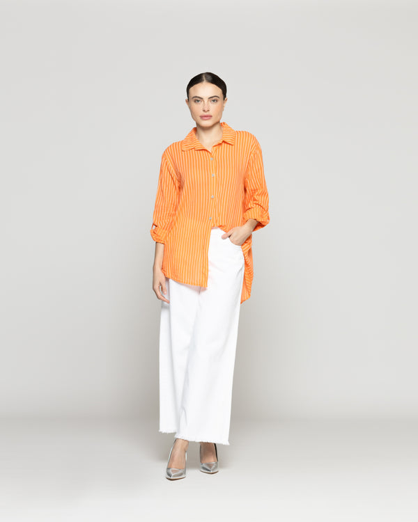 Blusa Mujer Betsabe de Algodón Manga Larga Con Rayas Naranja Lineatre