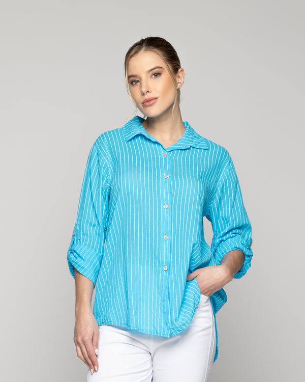 Blusa Mujer Betsabe de Algodón Manga Larga Con Rayas Verde Turquesa Lineatre