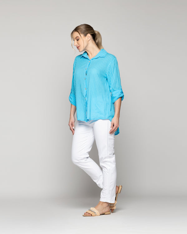 Blusa Mujer Betsabe de Algodón Manga Larga Con Rayas Verde Turquesa Lineatre