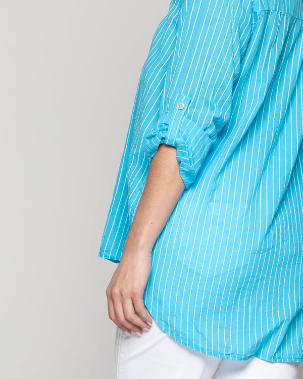 Blusa Mujer Betsabe de Algodón Manga Larga Con Rayas Verde Turquesa Lineatre