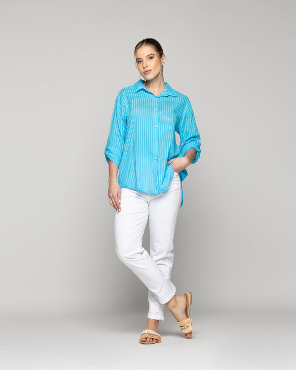 Blusa Mujer Betsabe de Algodón Manga Larga Con Rayas Verde Turquesa Lineatre