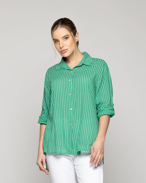 Blusa Mujer Betsabe de Algodón Manga Larga Con Rayas Verde Lineatre