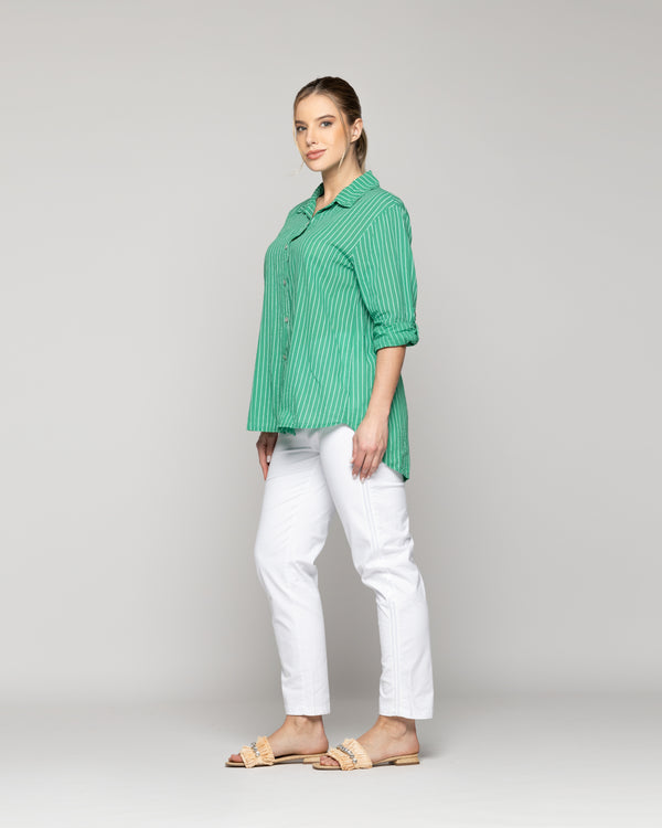 Blusa Mujer Betsabe de Algodón Manga Larga Con Rayas Verde Lineatre
