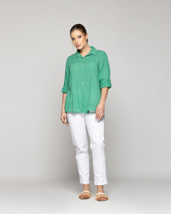 Blusa Mujer Betsabe de Algodón Manga Larga Con Rayas Verde Lineatre
