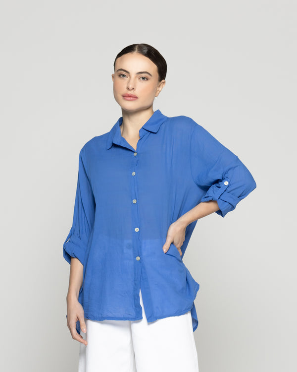 Blusa Mujer Betsabe  de Algodón Manga Larga Lisa Azul Lineatre