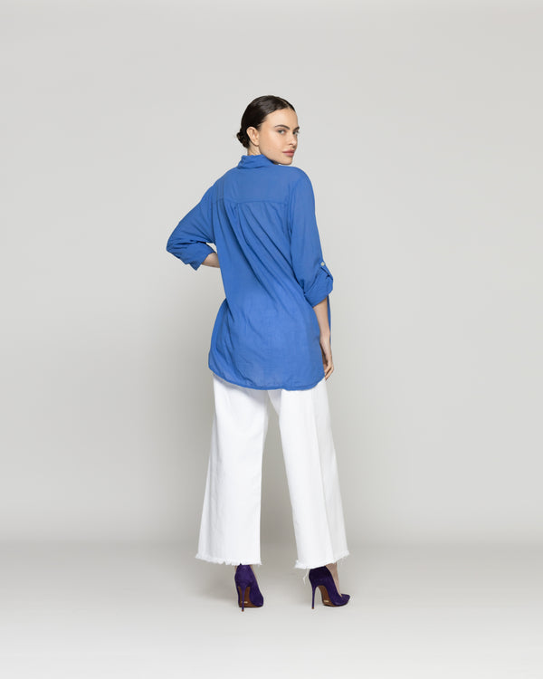 Blusa Mujer Betsabe  de Algodón Manga Larga Lisa Azul Lineatre