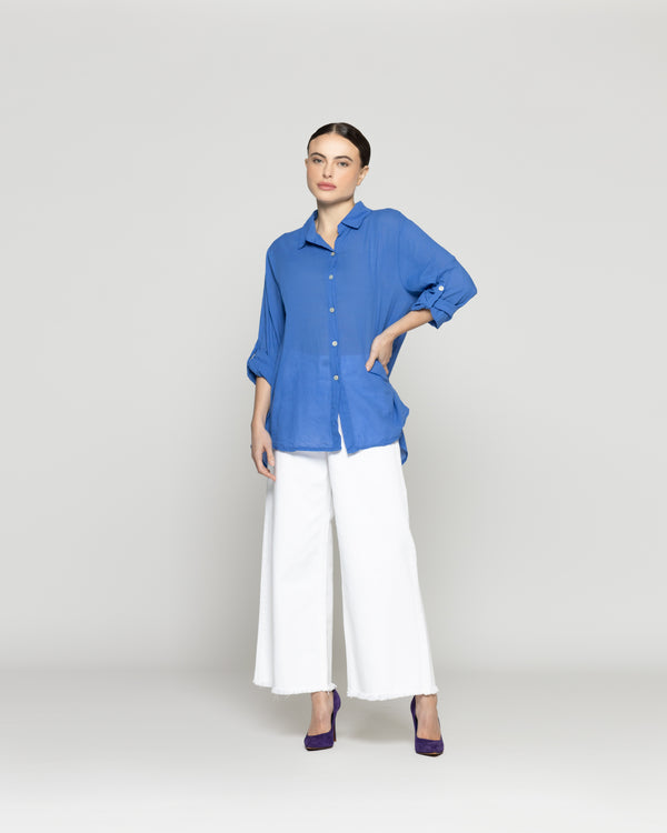 Blusa Mujer Betsabe  de Algodón Manga Larga Lisa Azul Lineatre