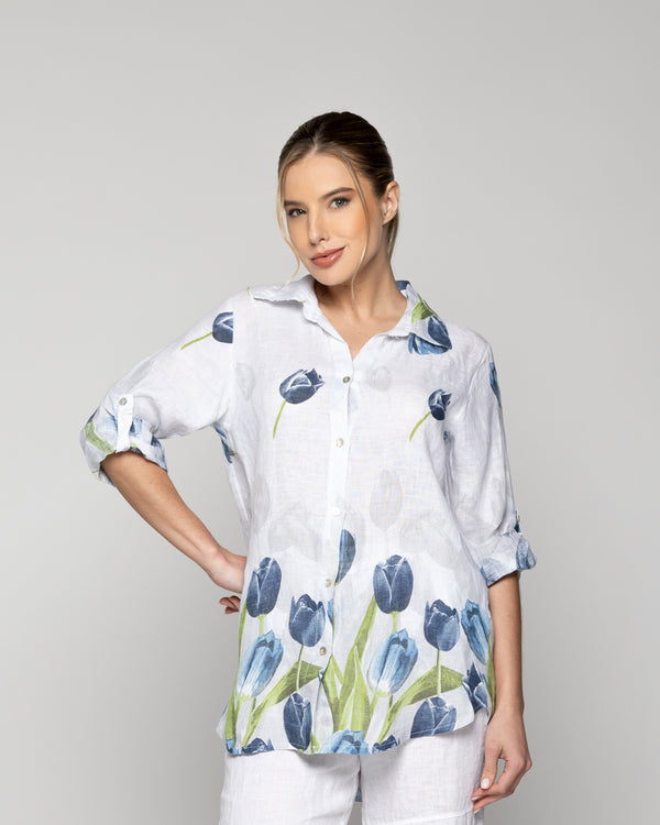 Blusa Mujer Baylee De Lino Con Tulipanes Blanca Lineatre