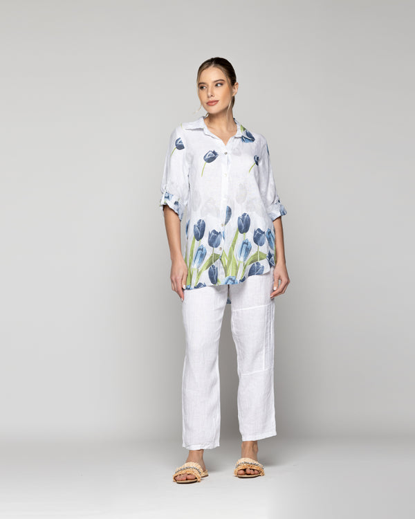 Blusa Mujer Baylee De Lino Con Tulipanes Blanca Lineatre