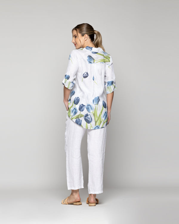 Blusa Mujer Baylee De Lino Con Tulipanes Blanca Lineatre