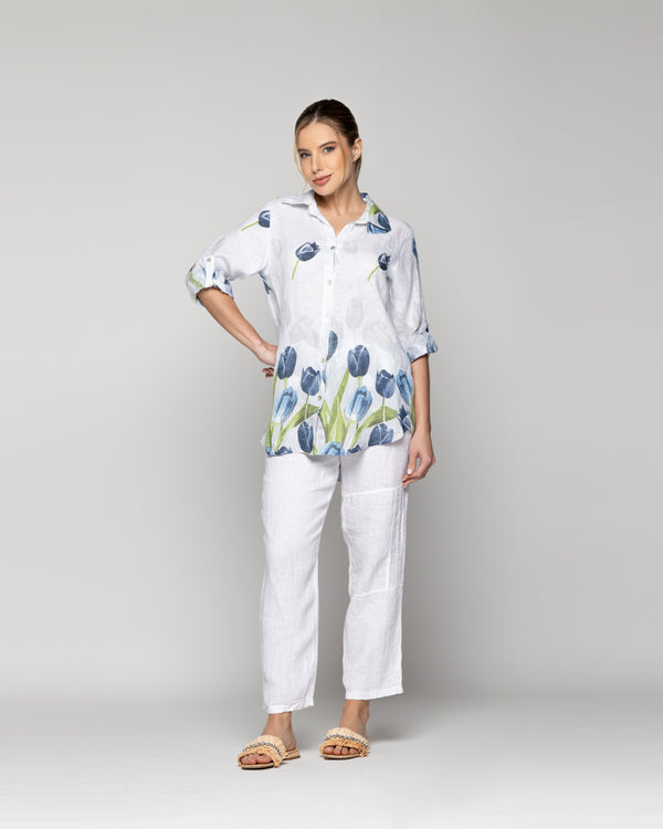 Blusa Mujer Baylee De Lino Con Tulipanes Blanca Lineatre