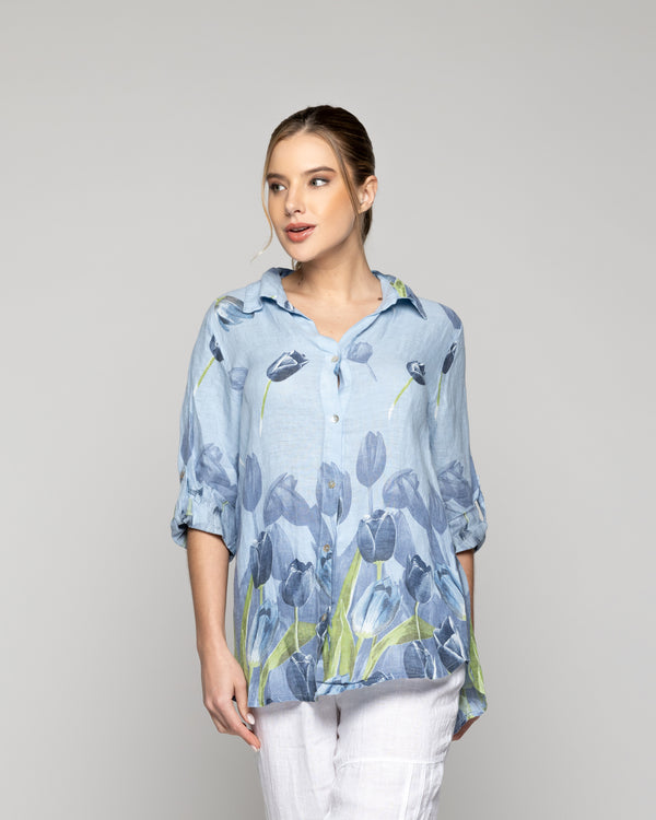 Blusa Mujer Baylee De Lino Con Tulipanes Azul Lineatre