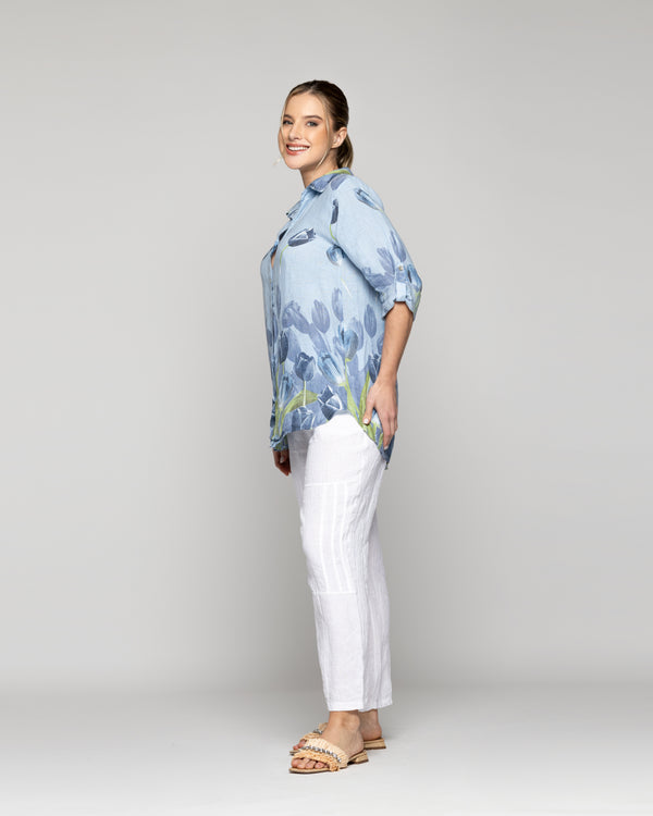 Blusa Mujer Baylee De Lino Con Tulipanes Azul Lineatre