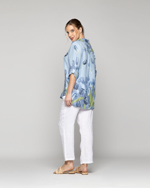 Blusa Mujer Baylee De Lino Con Tulipanes Azul Lineatre