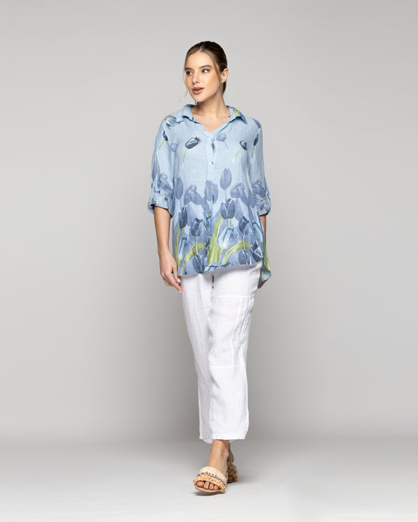 Blusa Mujer Baylee De Lino Con Tulipanes Azul Lineatre