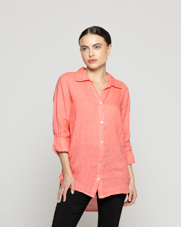 Blusa Mujer Belén Lino Manga Larga Naranja Coral Lineatre