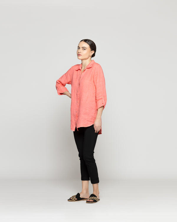 Blusa Mujer Belén Lino Manga Larga Naranja Coral Lineatre