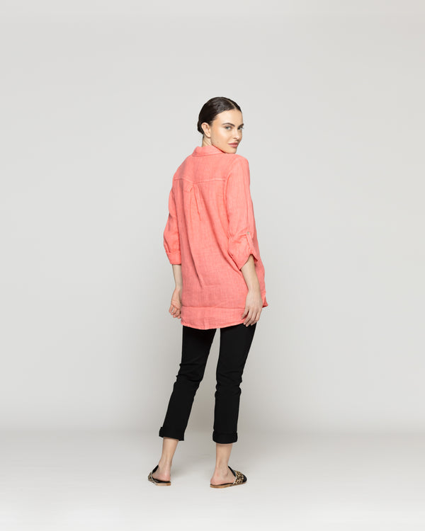 Blusa Mujer Belén Lino Manga Larga Naranja Coral Lineatre