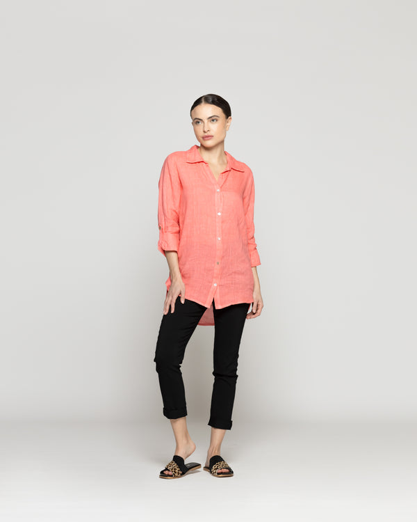 Blusa Mujer Belén Lino Manga Larga Naranja Coral Lineatre