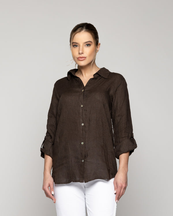 Blusa Mujer Belén Lino Manga Larga Café Moro Lineatre