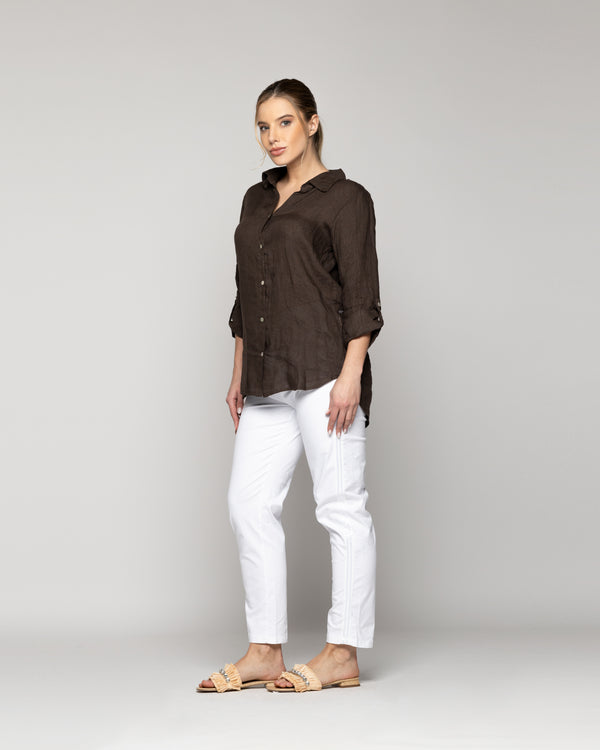 Blusa Mujer Belén Lino Manga Larga Café Moro Lineatre