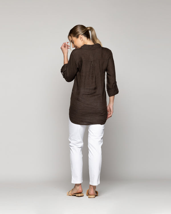 Blusa Mujer Belén Lino Manga Larga Café Moro Lineatre