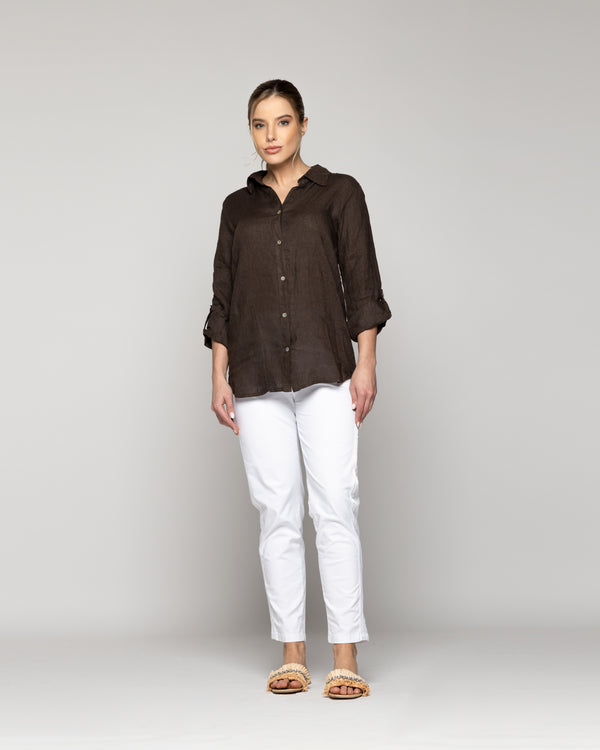 Blusa Mujer Belén Lino Manga Larga Café Moro Lineatre