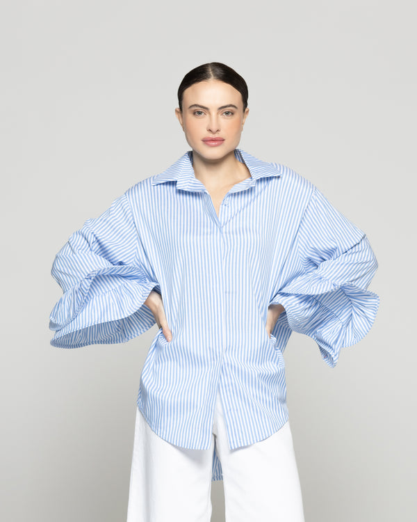 Blusa Mujer Bely Camisera Con Vuelos y Rayas Celeste Lineatre