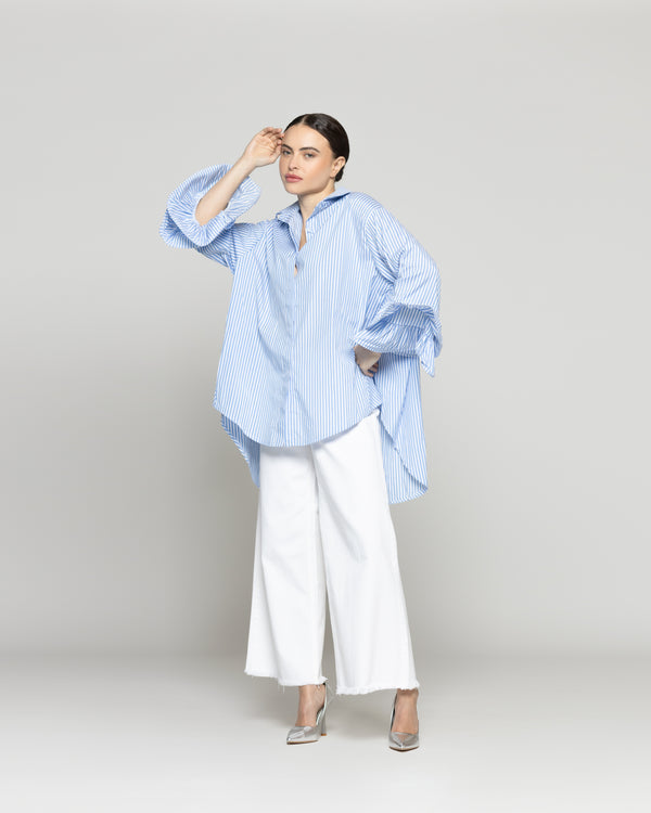 Blusa Mujer Bely Camisera Con Vuelos y Rayas Celeste Lineatre