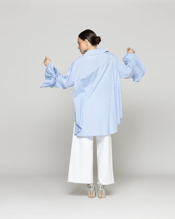 Blusa Mujer Bely Camisera Con Vuelos y Rayas Celeste Lineatre