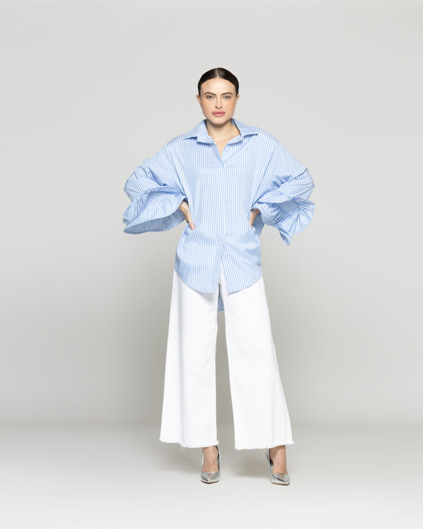 Blusa Mujer Bely Camisera Con Vuelos y Rayas Celeste Lineatre