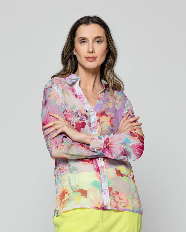 Blusa Mujer Betzaida Estampado De Flores Y Botones De Perlas Lila Lineatre