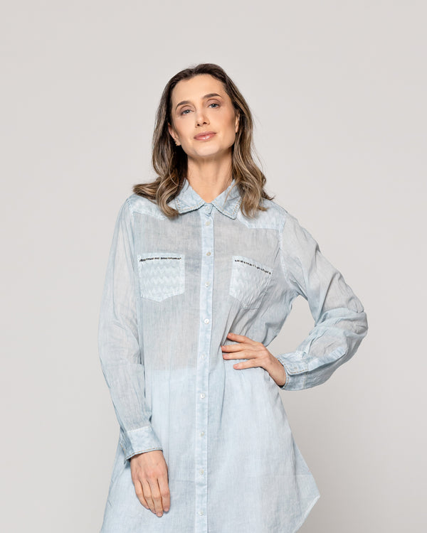 Blusa Mujer Biddy  Larga Tipo Jeans Bolsillo Frontal Y Detalle Lentejuelas Celeste Lineatre