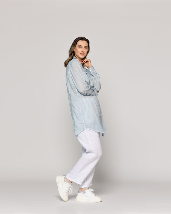 Blusa Mujer Biddy  Larga Tipo Jeans Bolsillo Frontal Y Detalle Lentejuelas Celeste Lineatre