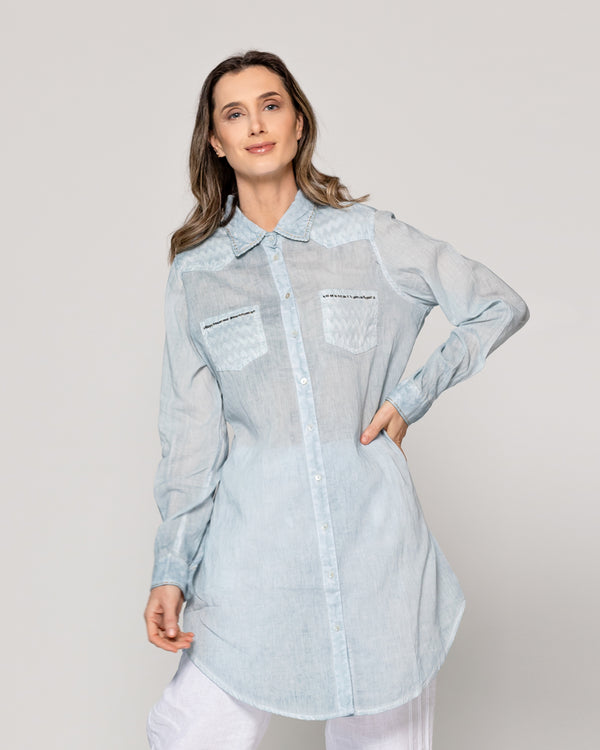 Blusa Mujer Biddy  Larga Tipo Jeans Bolsillo Frontal Y Detalle Lentejuelas Celeste Lineatre