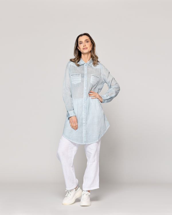 Blusa Mujer Biddy  Larga Tipo Jeans Bolsillo Frontal Y Detalle Lentejuelas Celeste Lineatre