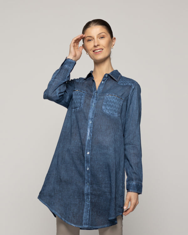 Blusa Mujer Biddy  Larga Tipo Jeans Bolsillo Frontal Y Detalle Lentejuelas Azul Lineatre