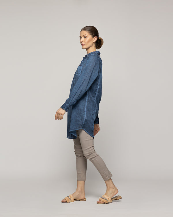 Blusa Mujer Biddy  Larga Tipo Jeans Bolsillo Frontal Y Detalle Lentejuelas Azul Lineatre