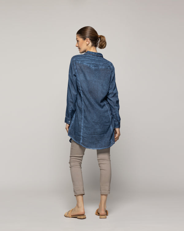 Blusa Mujer Biddy  Larga Tipo Jeans Bolsillo Frontal Y Detalle Lentejuelas Azul Lineatre