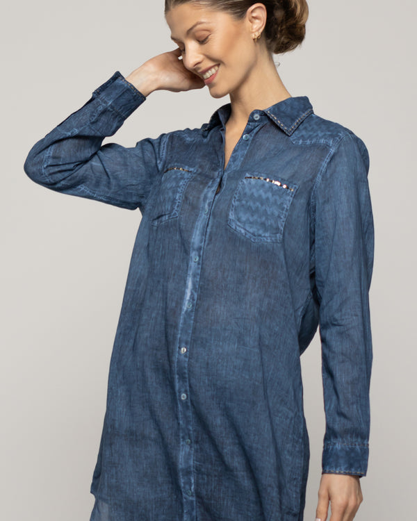 Blusa Mujer Biddy  Larga Tipo Jeans Bolsillo Frontal Y Detalle Lentejuelas Azul Lineatre