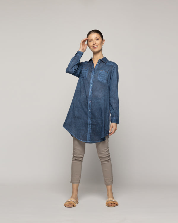 Blusa Mujer Biddy  Larga Tipo Jeans Bolsillo Frontal Y Detalle Lentejuelas Azul Lineatre