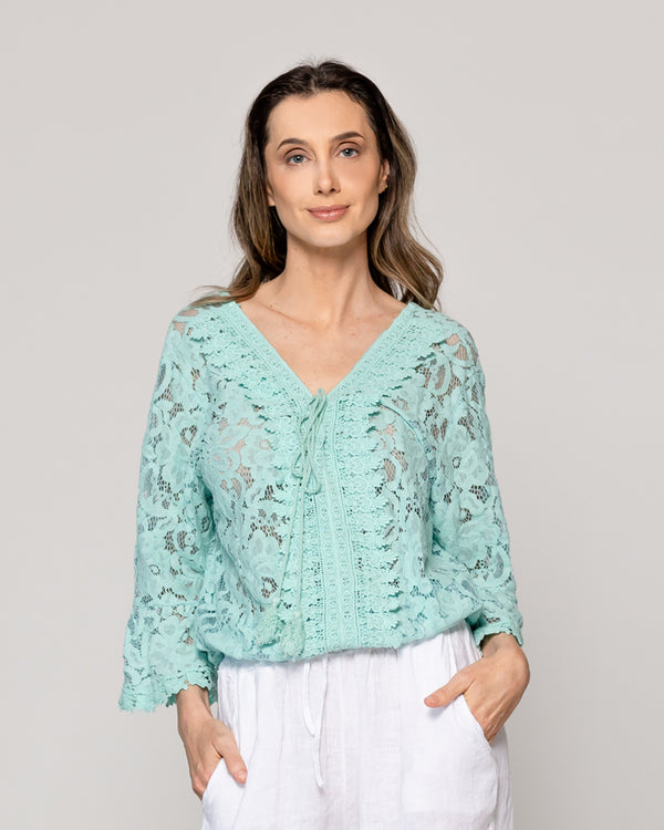 Blusa Mujer Begoña De Encaje Florar Escote V Celeste Lineatre