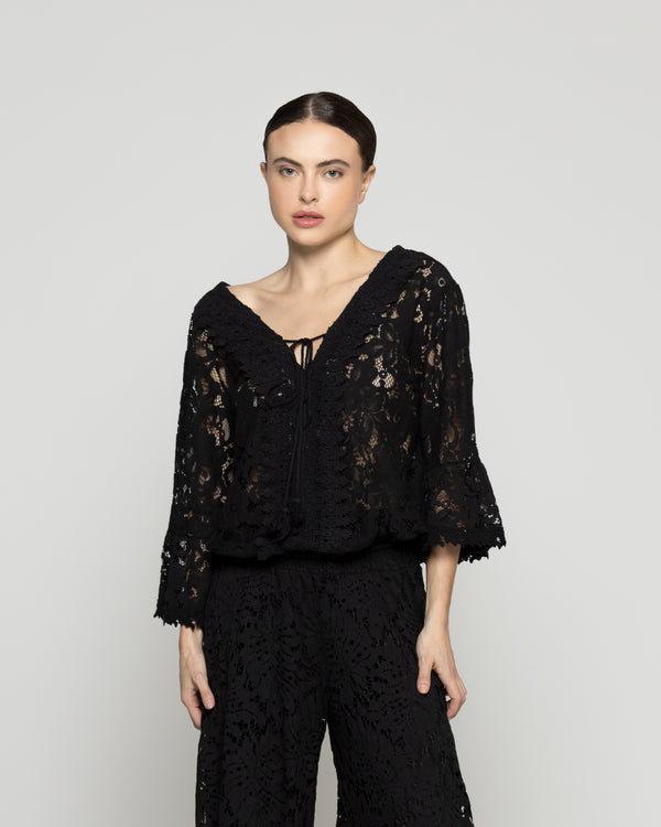 Blusa Mujer Begoña De Encaje Florar Escote V Negra Lineatre