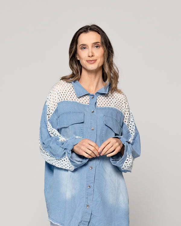 Camisa Mujer Lavinia Oversize Con Detalle Calado Celeste Lineatre