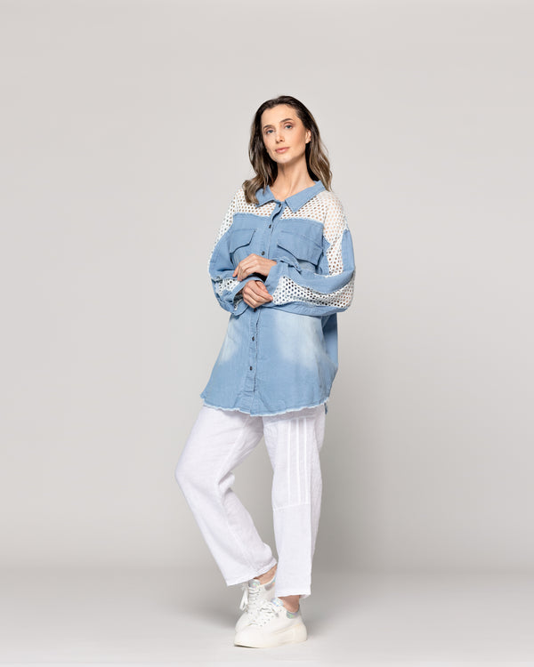Camisa Mujer Lavinia Oversize Con Detalle Calado Celeste Lineatre